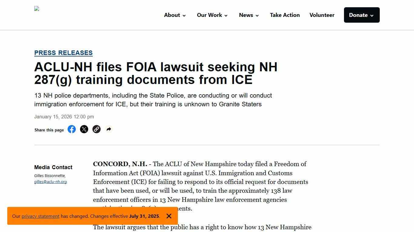 ACLU-NH files FOIA lawsuit seeking NH 287(g) training documents from ICE - ACLU of New Hampshire